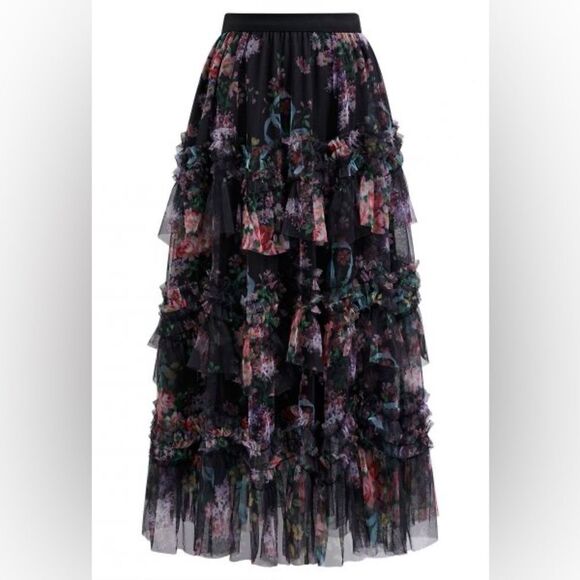 Boutique Tulle Midi Skirt In Black Roses New With Tags Medium - Picture 1 of 8